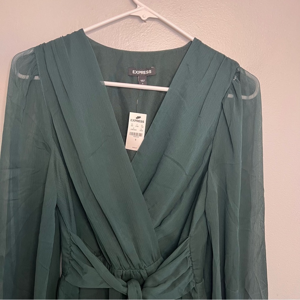 NWT Express Blouson Long Sleeve Tie Wrap Mini Dress Sz S Green Meshed Party - Picture 5 of 13